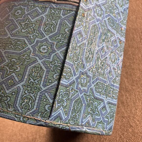Rare 1950s Vintage Round Hat Box Blue Teal Geometric Atomic Print Zipper Case main image 9